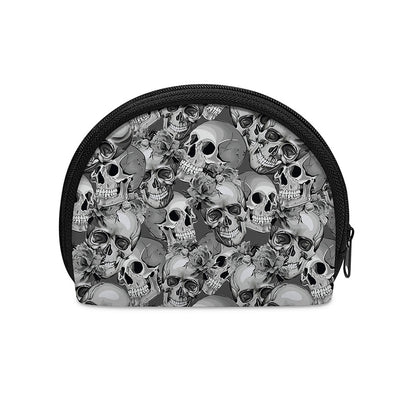 Monochrome Skull Flowers Pattern Print Coin Purse