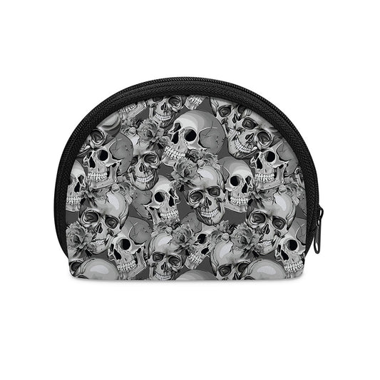 Monochrome Skull Flowers Pattern Print Coin Purse