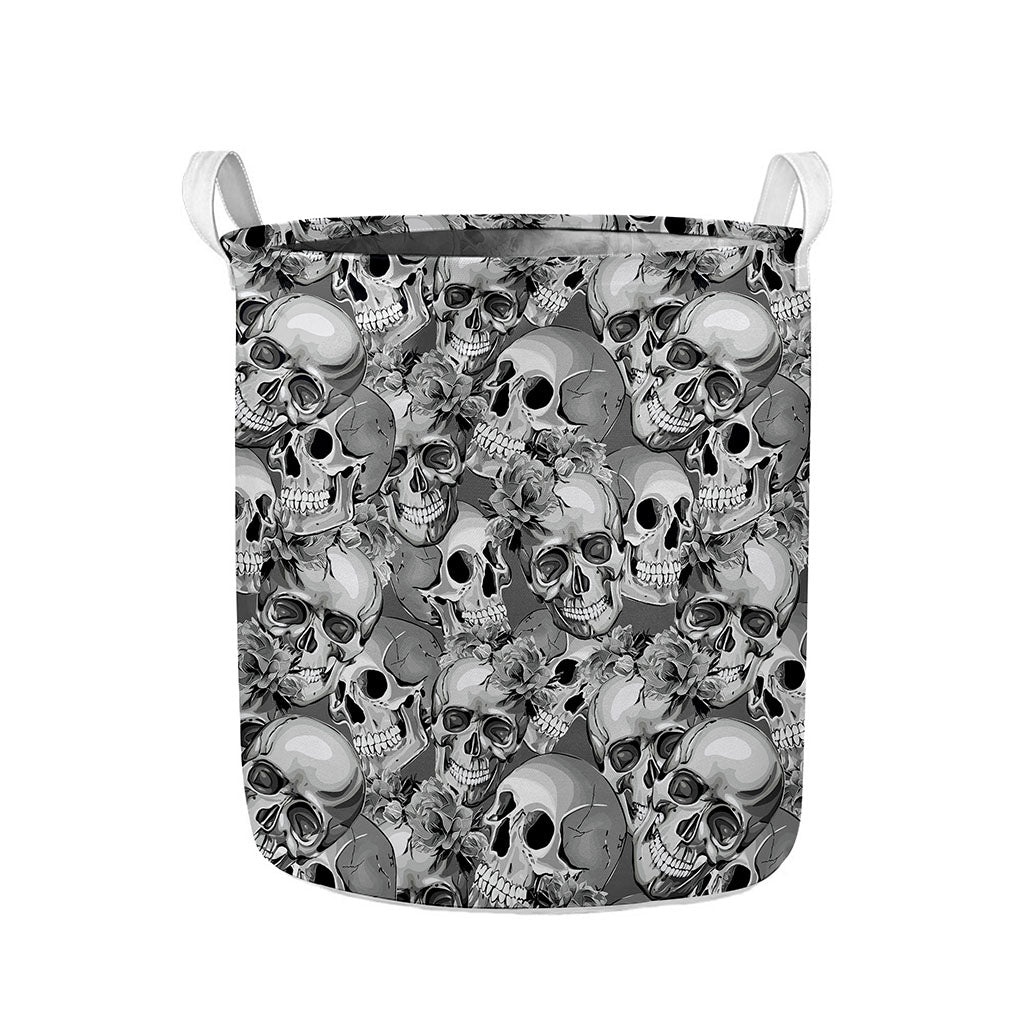 Monochrome Skull Flowers Pattern Print Collapsible Laundry Basket