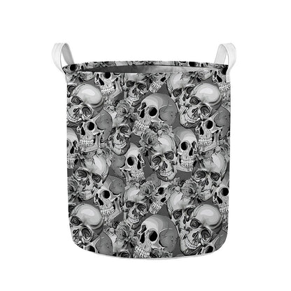 Monochrome Skull Flowers Pattern Print Collapsible Laundry Basket