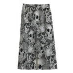 Monochrome Skull Flowers Pattern Print Cotton Front Slit Maxi Skirt