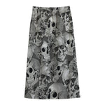 Monochrome Skull Flowers Pattern Print Cotton Front Slit Maxi Skirt