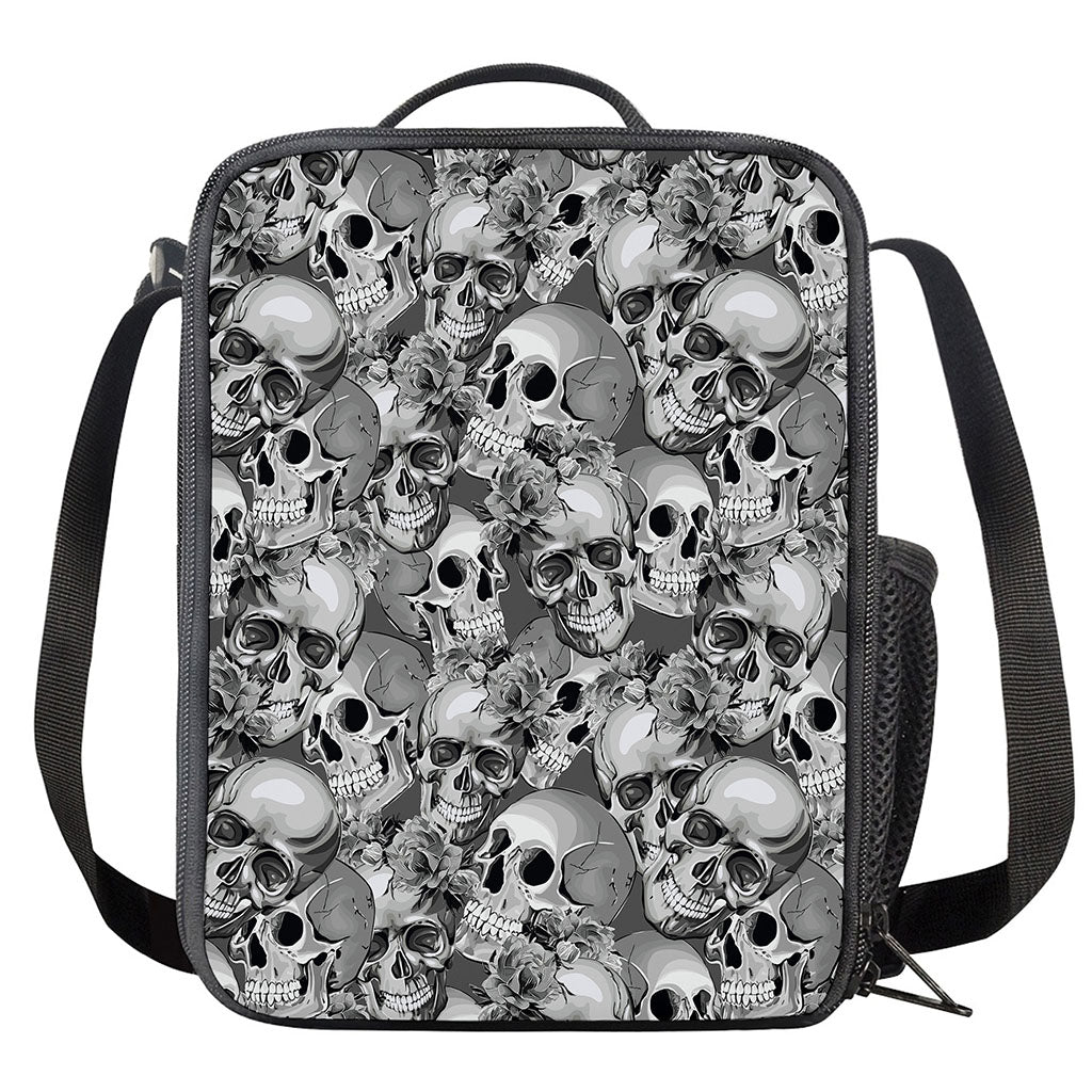 Monochrome Skull Flowers Pattern Print Crossbody Lunch Bag