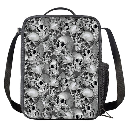 Monochrome Skull Flowers Pattern Print Crossbody Lunch Bag