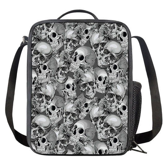 Monochrome Skull Flowers Pattern Print Crossbody Lunch Bag