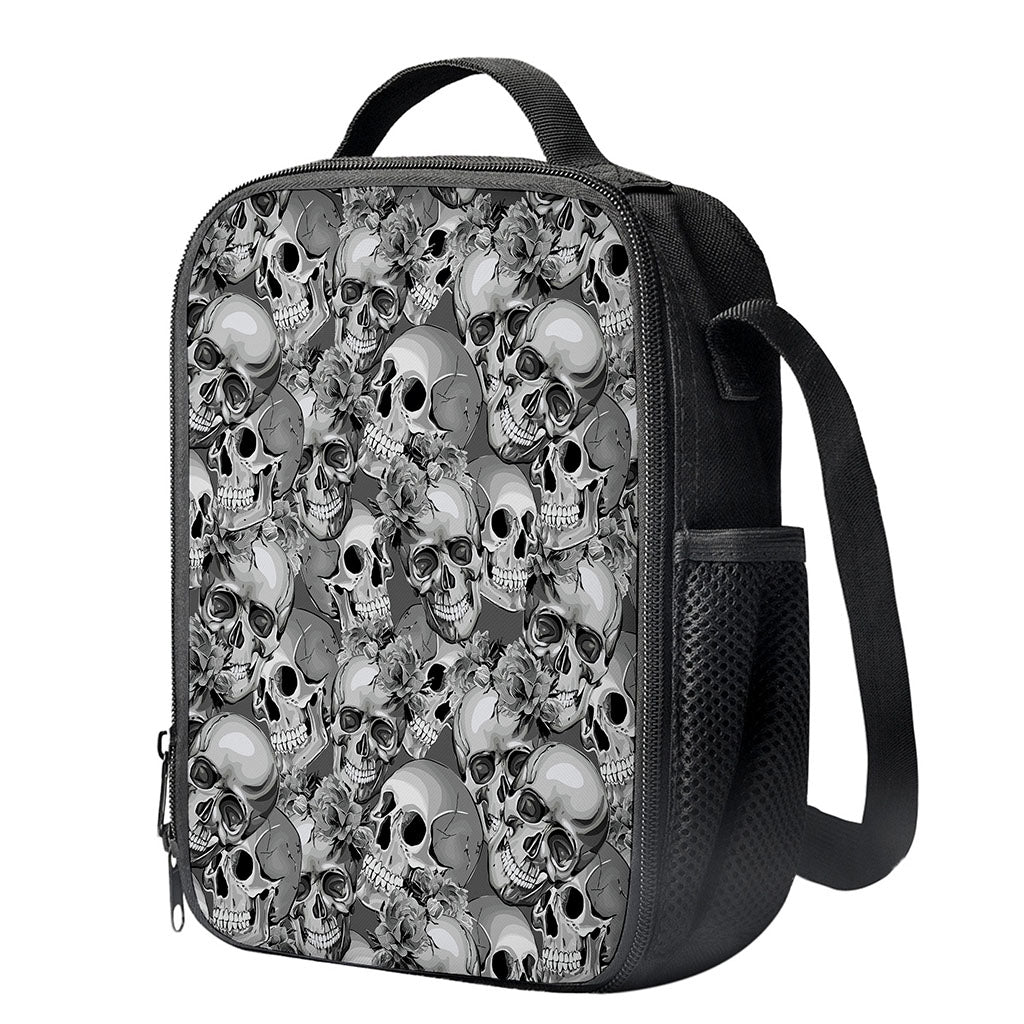 Monochrome Skull Flowers Pattern Print Crossbody Lunch Bag