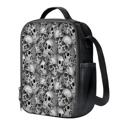 Monochrome Skull Flowers Pattern Print Crossbody Lunch Bag