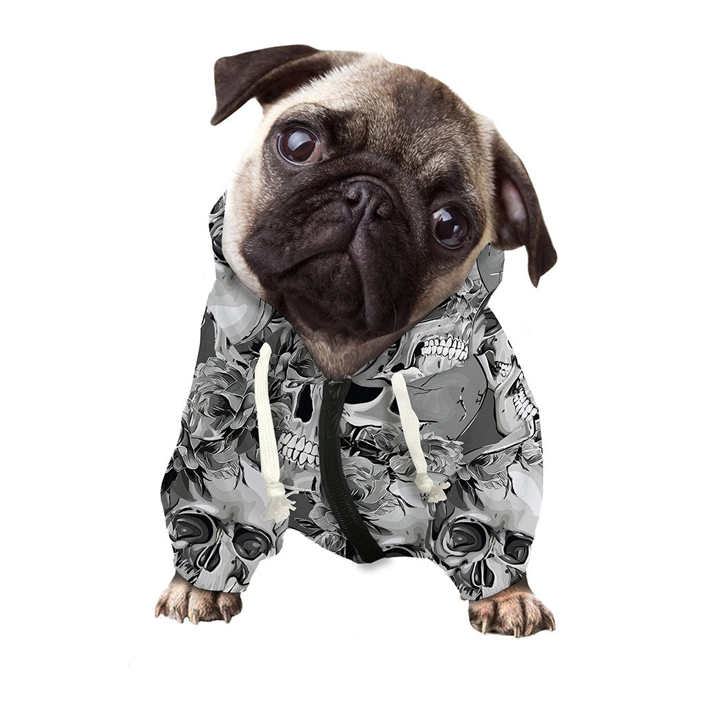 Monochrome Skull Flowers Pattern Print Dog Zip Up Hoodie