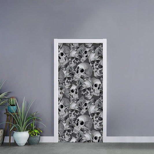 Monochrome Skull Flowers Pattern Print Door Sticker