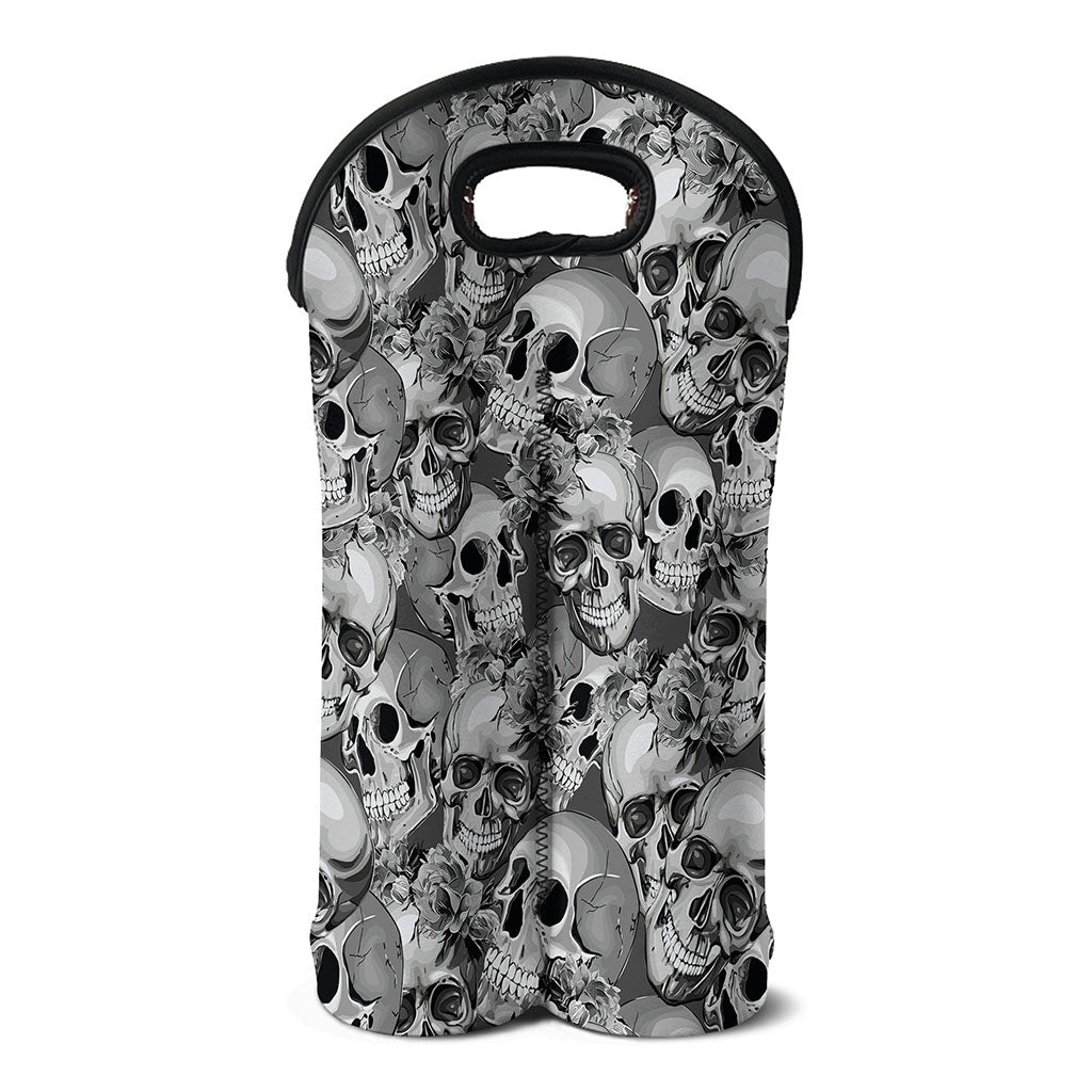 Monochrome Skull Flowers Pattern Print Double Neoprene Wine Tote