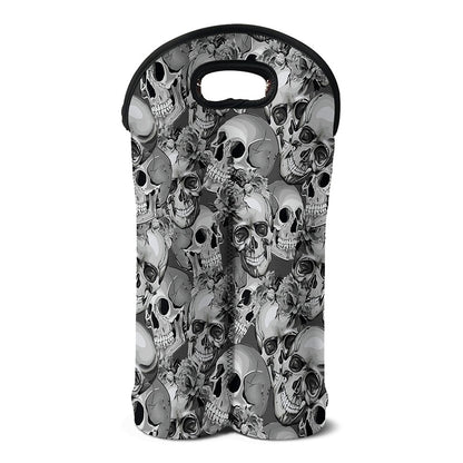Monochrome Skull Flowers Pattern Print Double Neoprene Wine Tote
