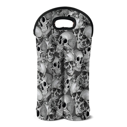 Monochrome Skull Flowers Pattern Print Double Neoprene Wine Tote