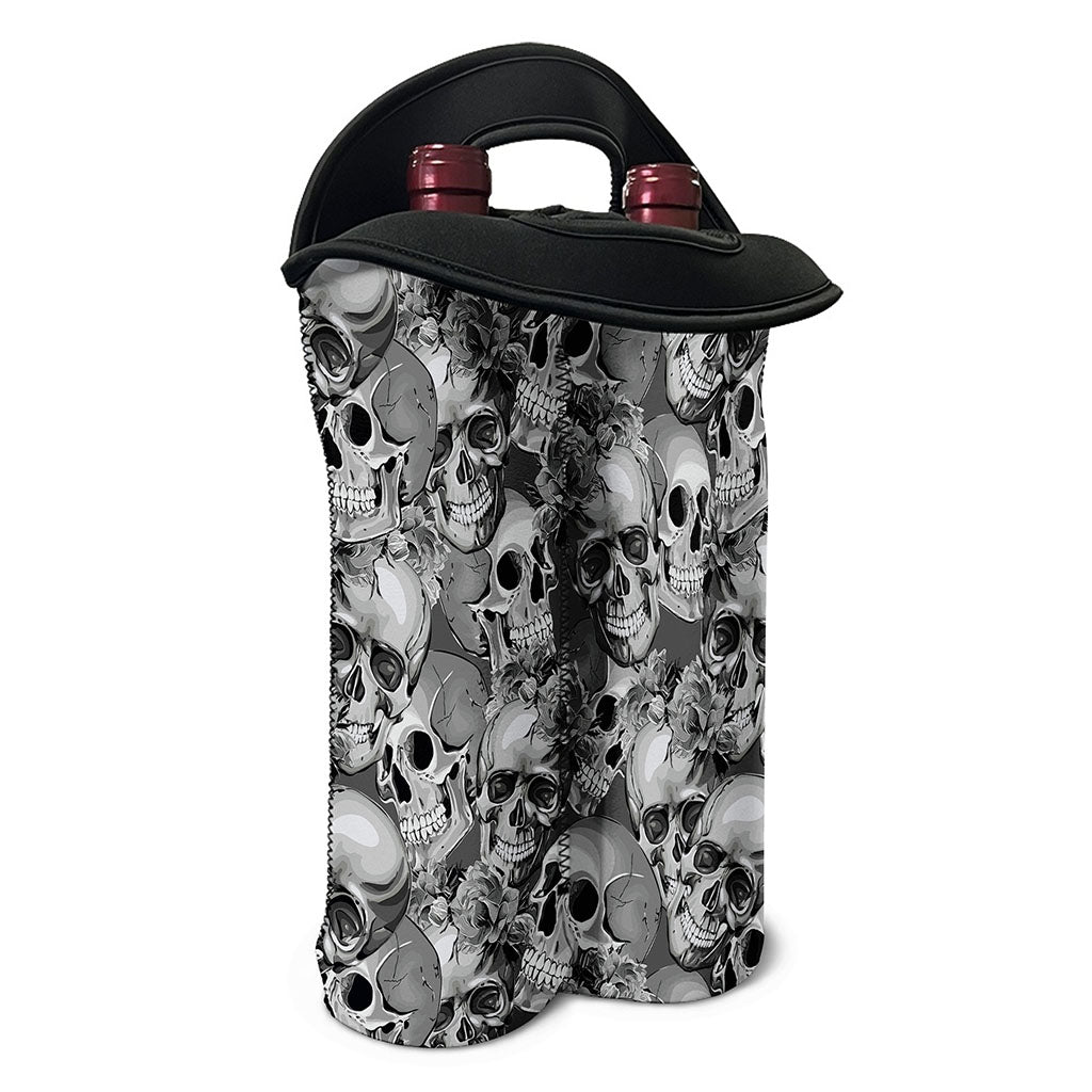Monochrome Skull Flowers Pattern Print Double Neoprene Wine Tote