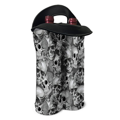 Monochrome Skull Flowers Pattern Print Double Neoprene Wine Tote