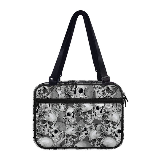 Monochrome Skull Flowers Pattern Print Double Strap Bible Bag