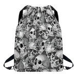 Monochrome Skull Flowers Pattern Print Drawstring Backpack