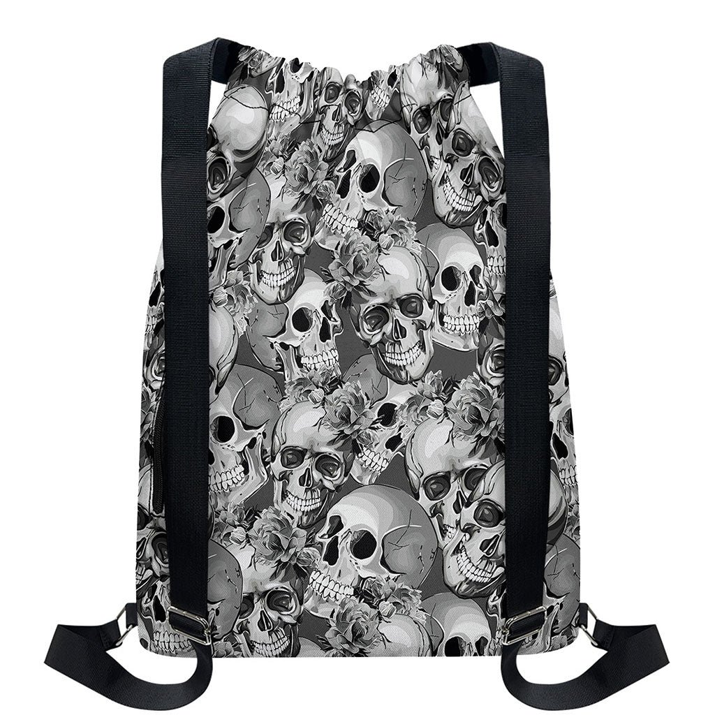 Monochrome Skull Flowers Pattern Print Drawstring Backpack