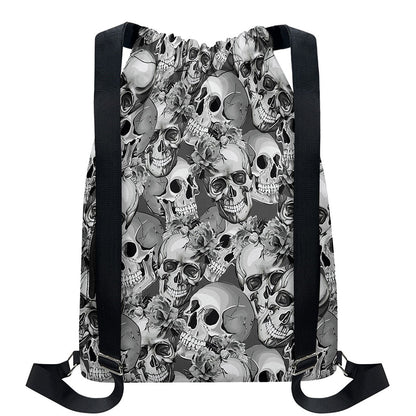 Monochrome Skull Flowers Pattern Print Drawstring Backpack