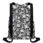 Monochrome Skull Flowers Pattern Print Drawstring Backpack