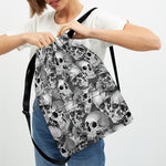 Monochrome Skull Flowers Pattern Print Drawstring Backpack