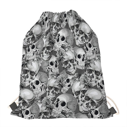 Monochrome Skull Flowers Pattern Print Drawstring Bag