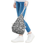 Monochrome Skull Flowers Pattern Print Drawstring Bag