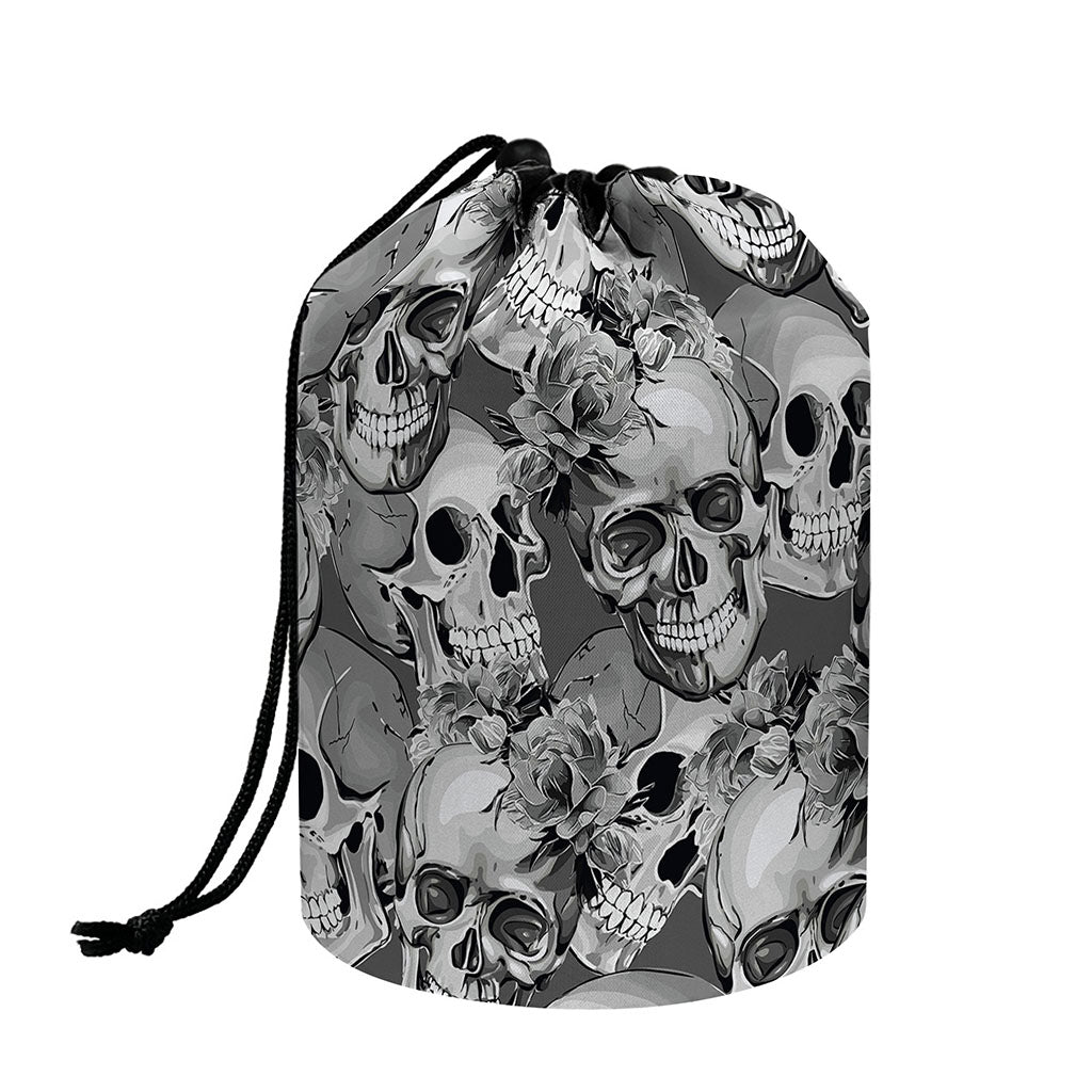 Monochrome Skull Flowers Pattern Print Drawstring Makeup Bag