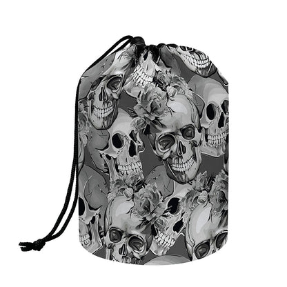 Monochrome Skull Flowers Pattern Print Drawstring Makeup Bag