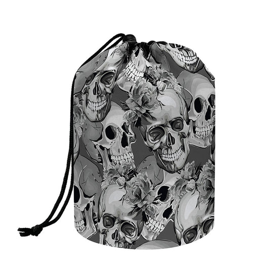 Monochrome Skull Flowers Pattern Print Drawstring Makeup Bag