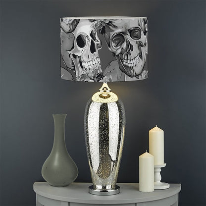 Monochrome Skull Flowers Pattern Print Drum Lamp Shade