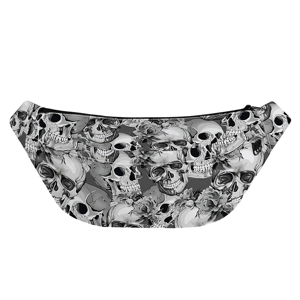 Monochrome Skull Flowers Pattern Print Fanny Pack