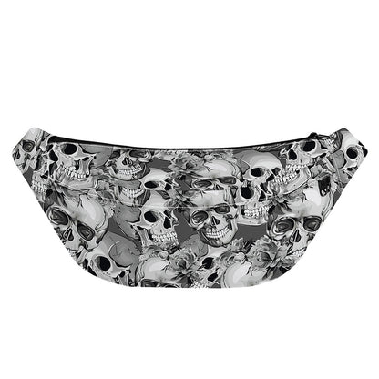 Monochrome Skull Flowers Pattern Print Fanny Pack