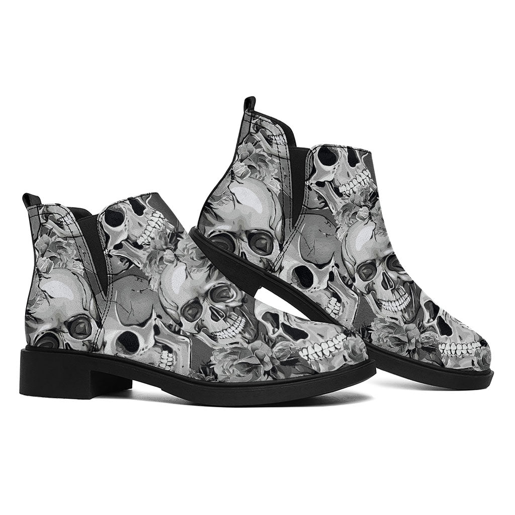 Monochrome Skull Flowers Pattern Print Flat Ankle Boots