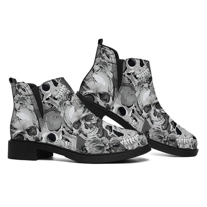 Monochrome Skull Flowers Pattern Print Flat Ankle Boots