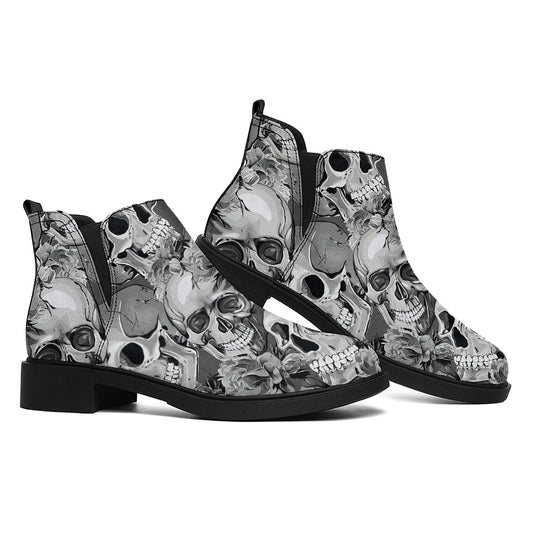 Monochrome Skull Flowers Pattern Print Flat Ankle Boots
