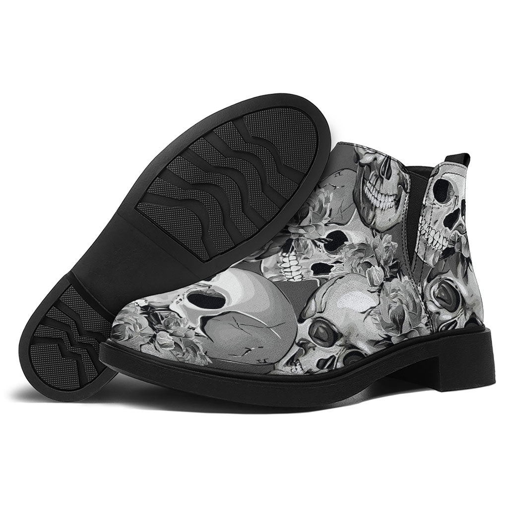 Monochrome Skull Flowers Pattern Print Flat Ankle Boots