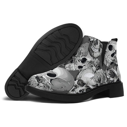 Monochrome Skull Flowers Pattern Print Flat Ankle Boots