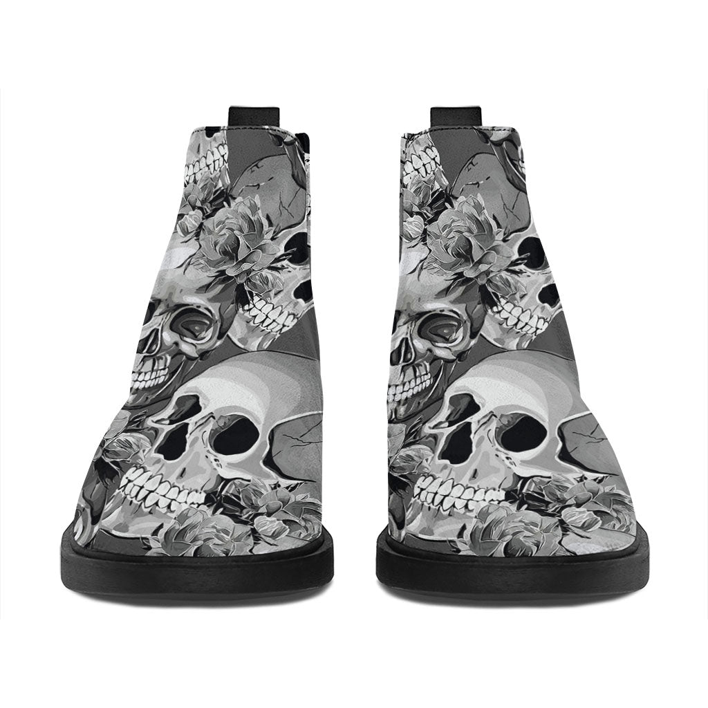 Monochrome Skull Flowers Pattern Print Flat Ankle Boots