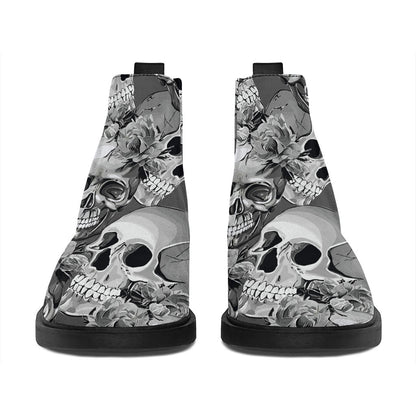 Monochrome Skull Flowers Pattern Print Flat Ankle Boots