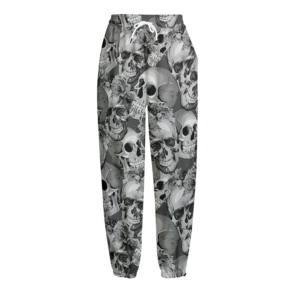 Monochrome Skull Flowers Pattern Print Fleece Lined Knit Pants