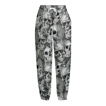 Monochrome Skull Flowers Pattern Print Fleece Lined Knit Pants
