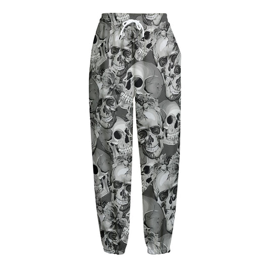 Monochrome Skull Flowers Pattern Print Fleece Lined Knit Pants