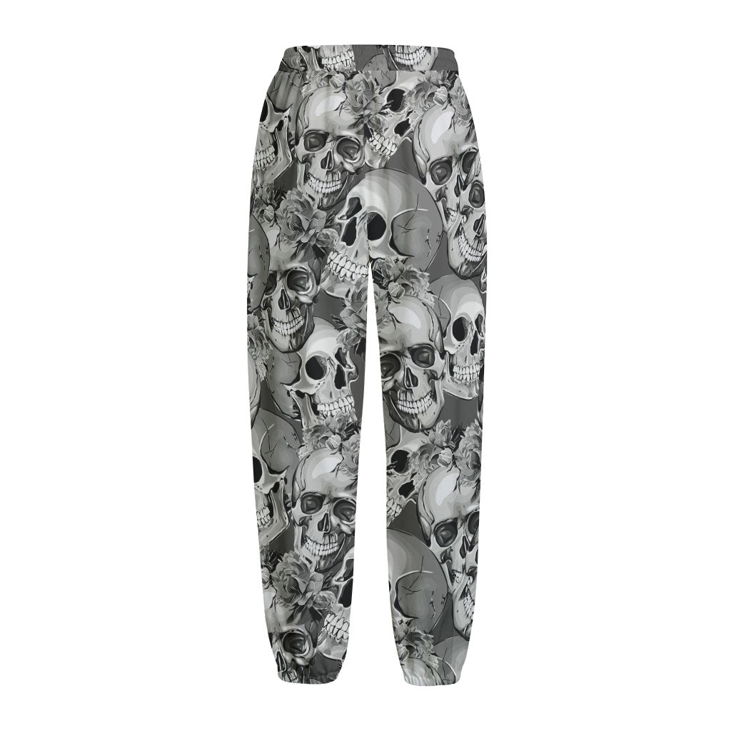 Monochrome Skull Flowers Pattern Print Fleece Lined Knit Pants
