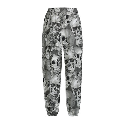 Monochrome Skull Flowers Pattern Print Fleece Lined Knit Pants