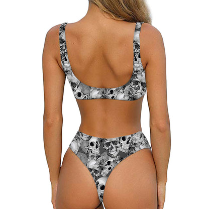 Monochrome Skull Flowers Pattern Print Front Bow Tie Bikini