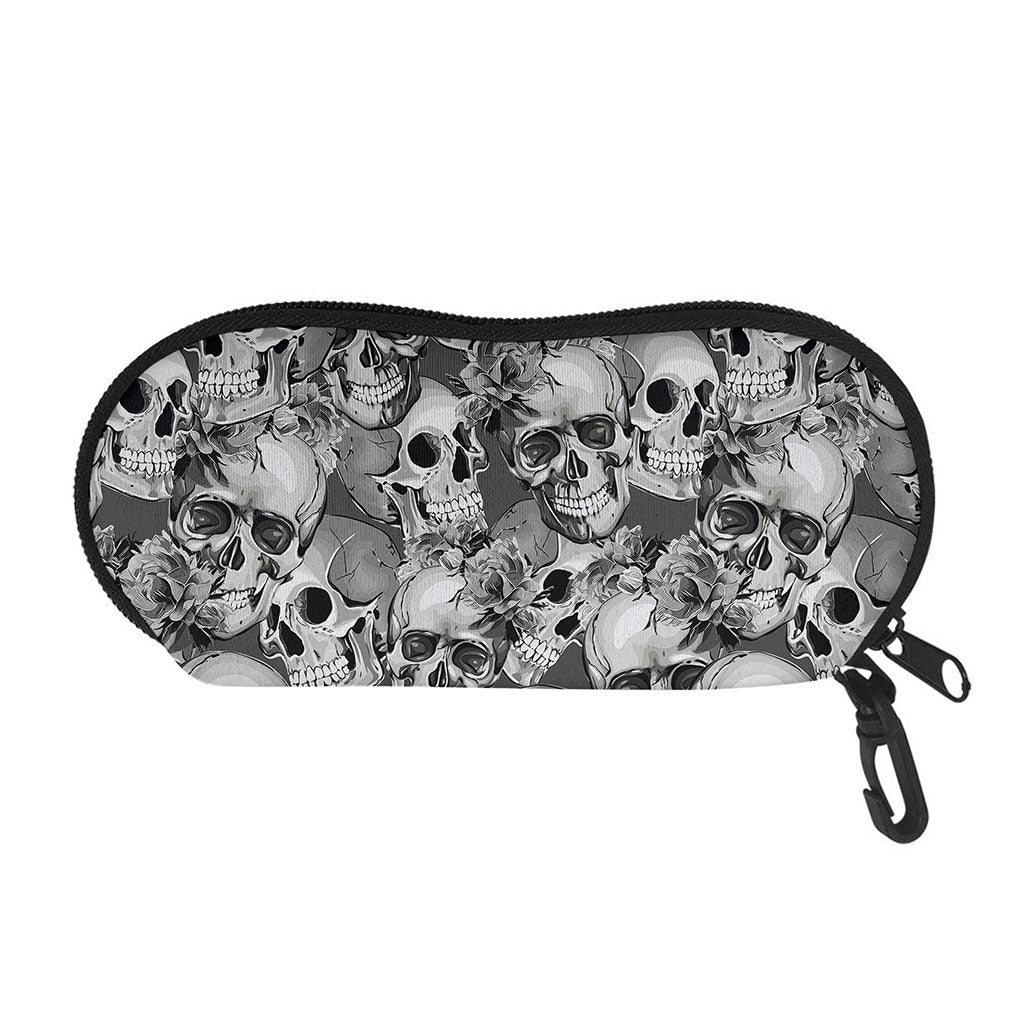 Monochrome Skull Flowers Pattern Print Glasses Case