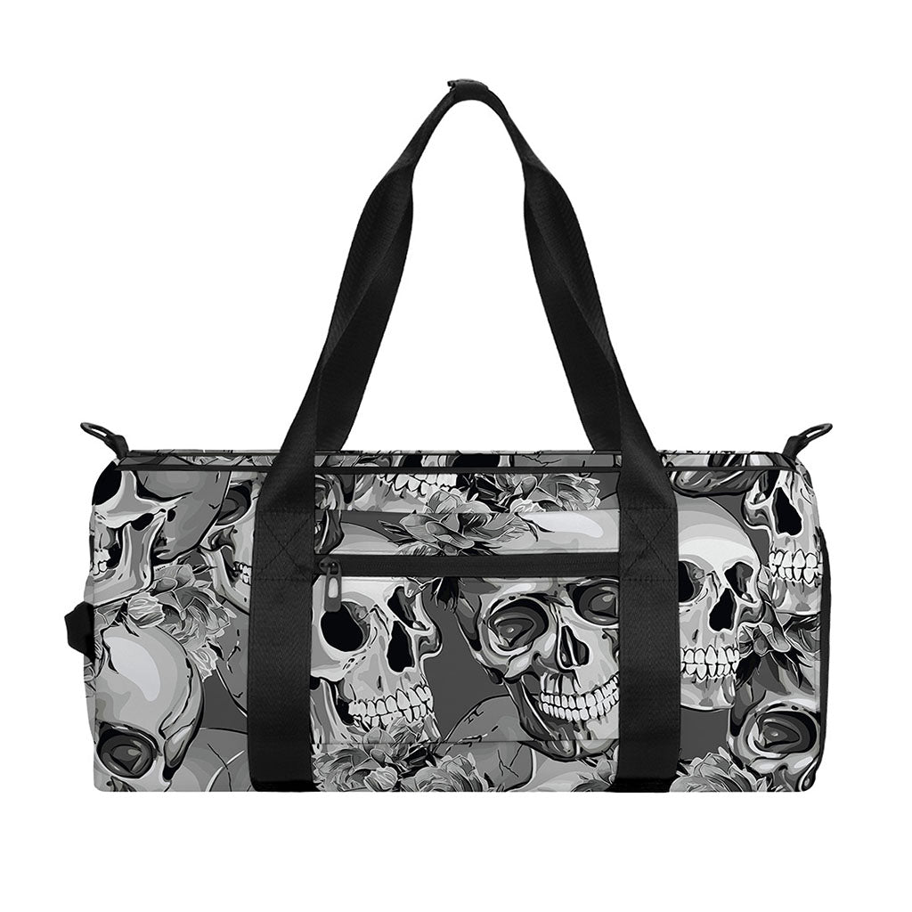 Monochrome Skull Flowers Pattern Print Gym Bag