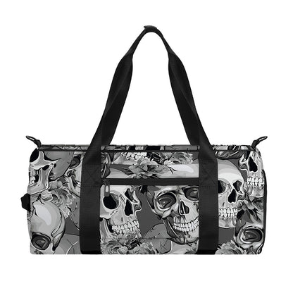 Monochrome Skull Flowers Pattern Print Gym Bag