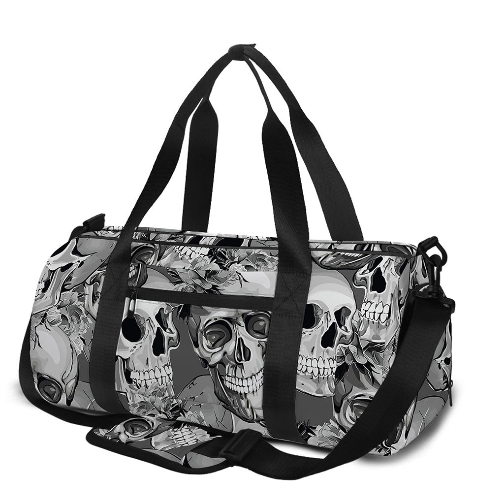 Monochrome Skull Flowers Pattern Print Gym Bag