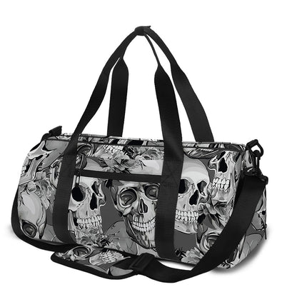 Monochrome Skull Flowers Pattern Print Gym Bag